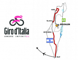 Giro d’Italia 2018 logo next to the itinerary of the race’s 2018 launch in Jerusalem